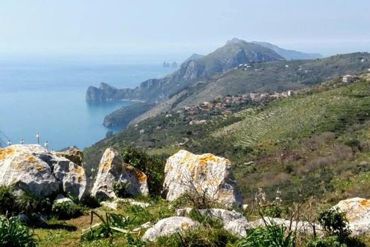 o vedere a oceanului de pe un deal cu stânci