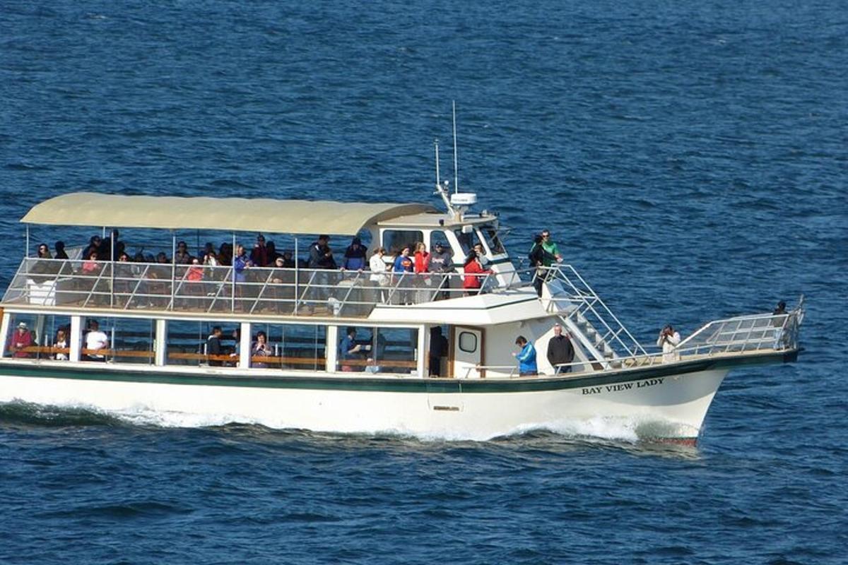 a white boat with people on it in the water
