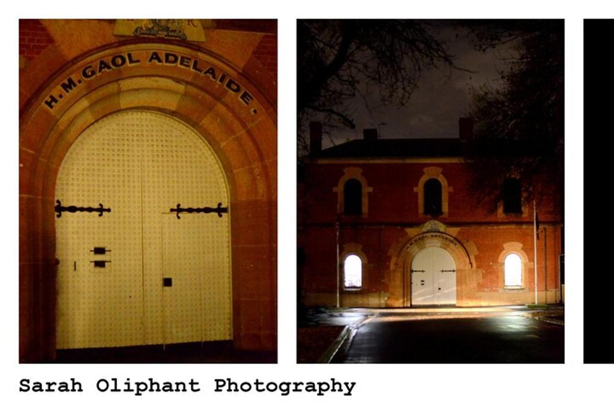 two pictures of a building with a large door