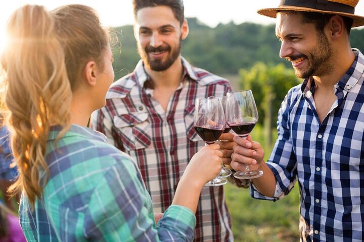 a group of three people holding glasses of wine