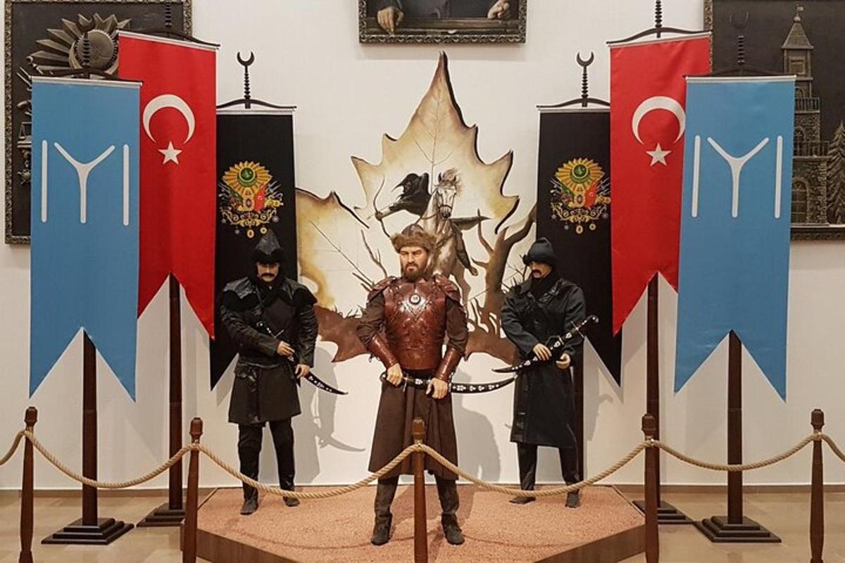 a group of men standing on a table with flags