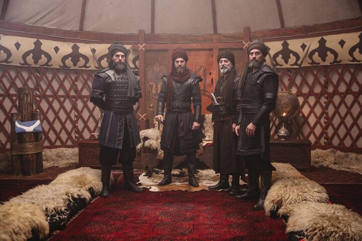 a painting of three men standing in a room with sheep