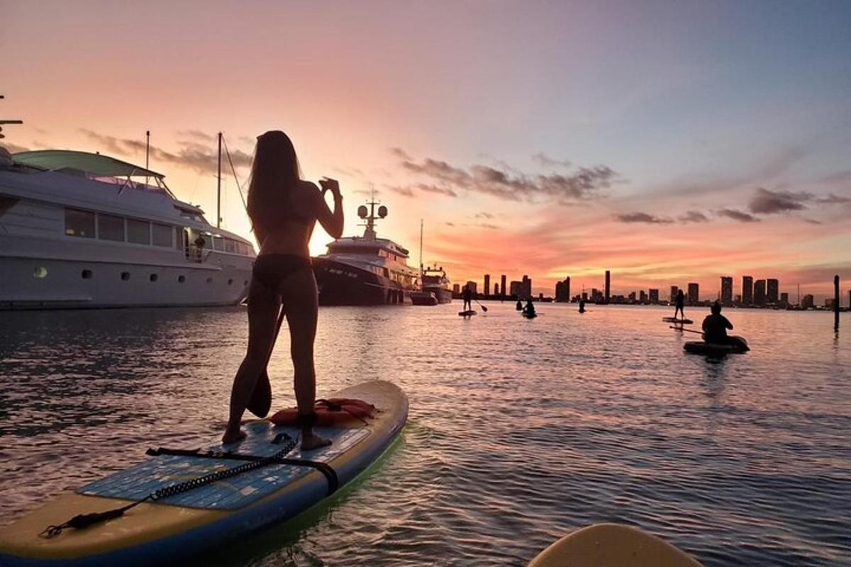 seorang wanita berdiri di atas papan dayung di dalam air