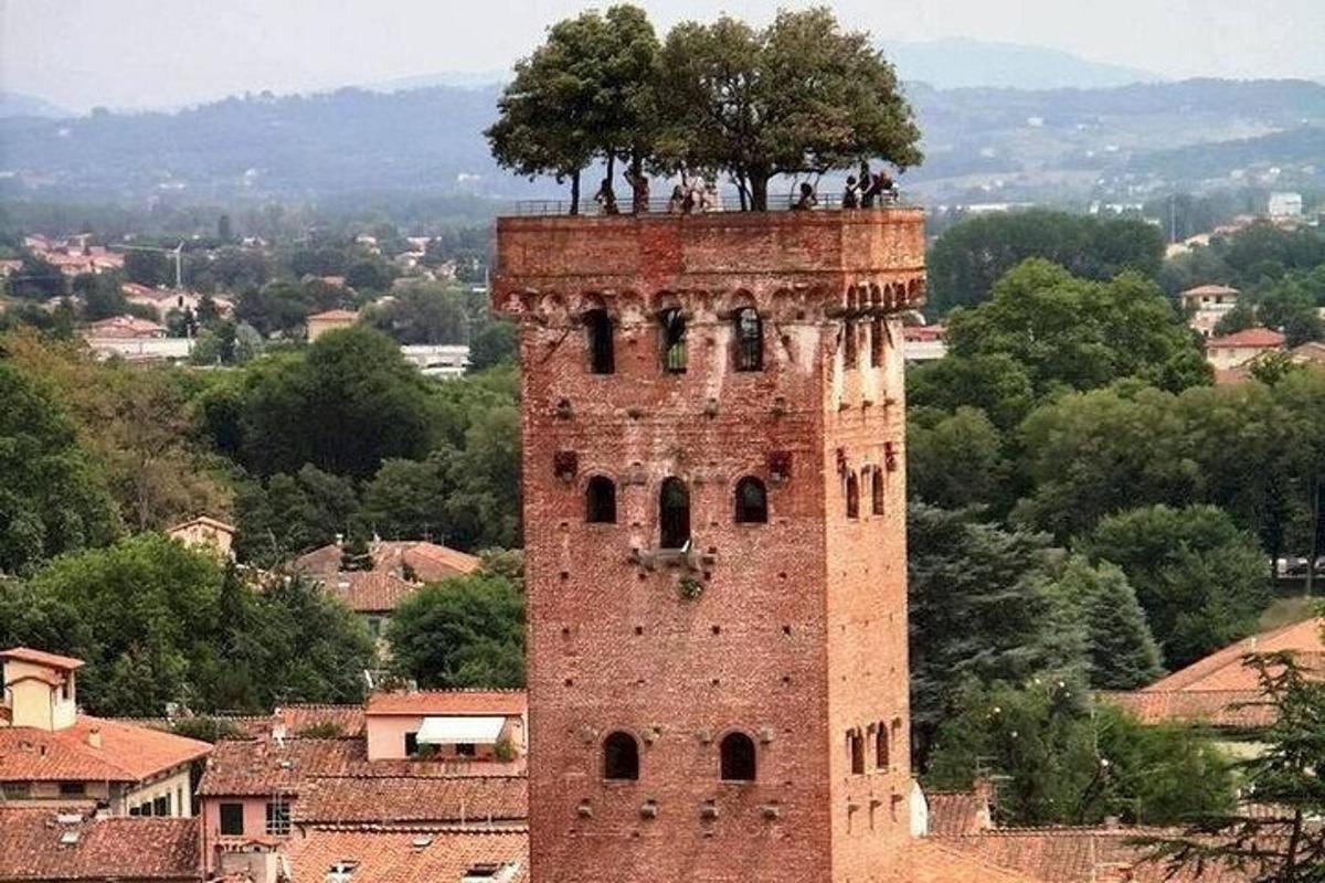 una torre alta con un árbol encima