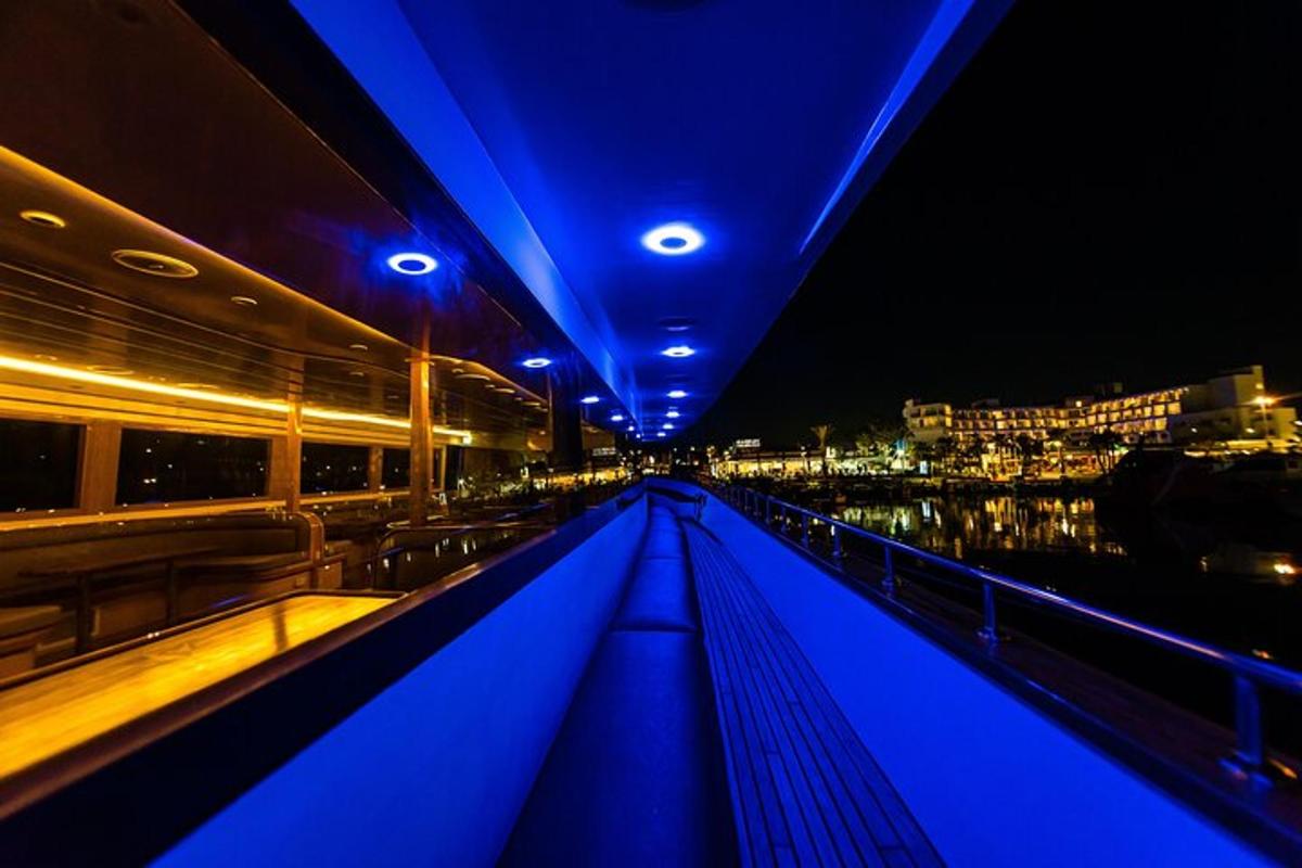 Una vista de un puente de noche con luces azules.