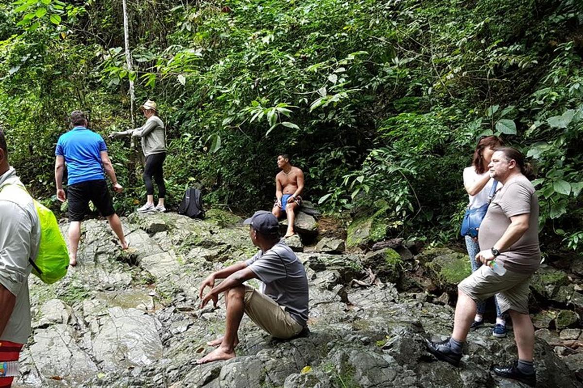 un gruppo di persone in piedi sulle rocce in una foresta