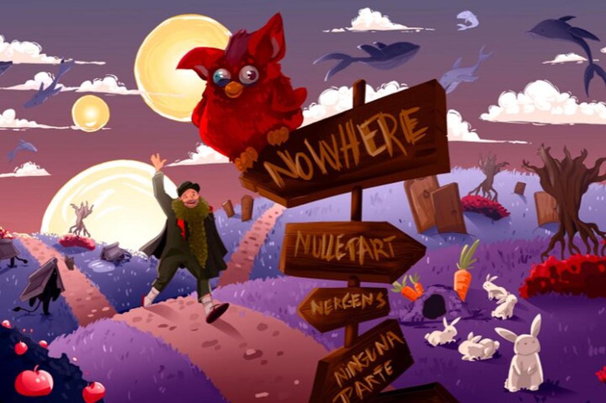 una persona parada encima de un cartel en un juego
