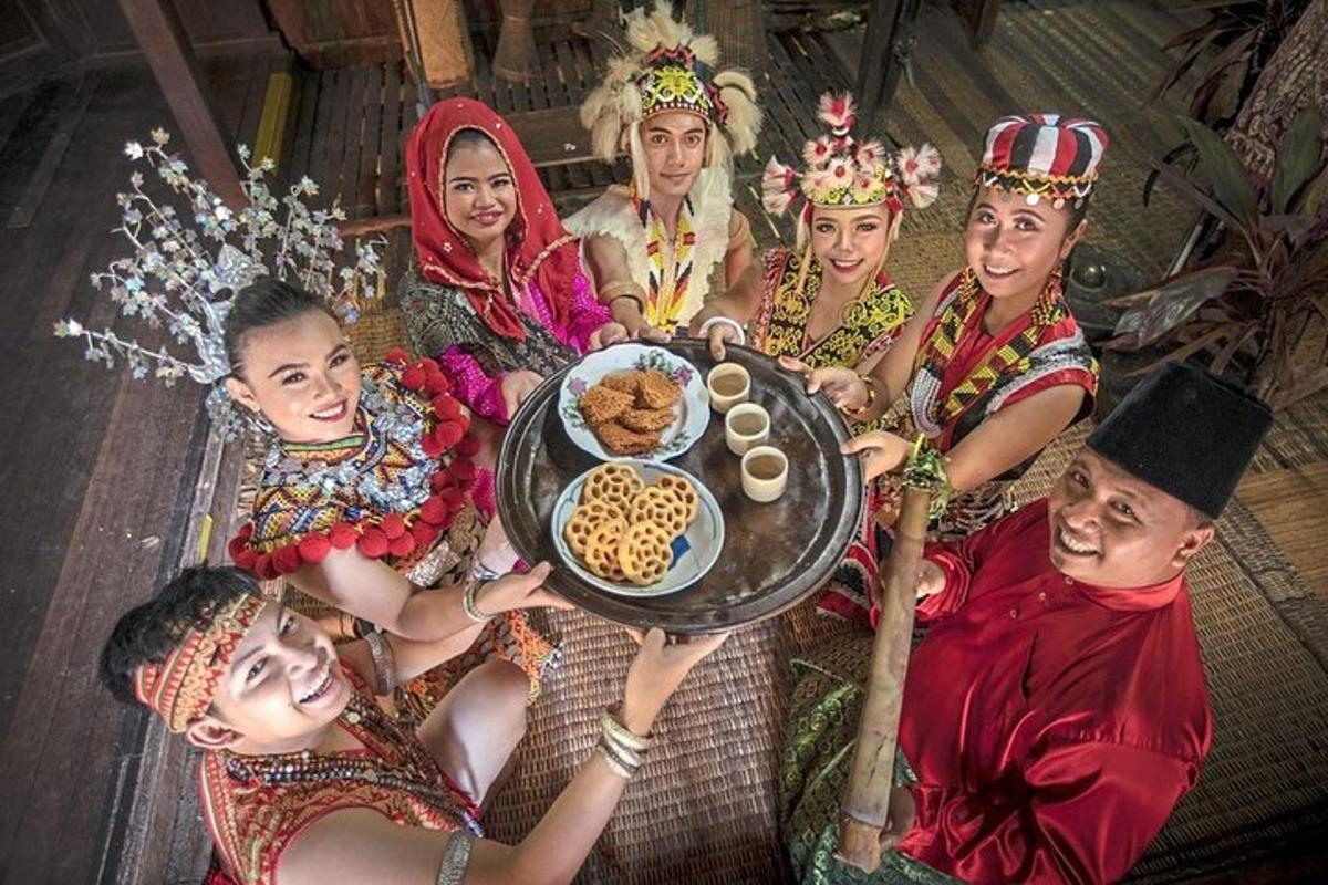 a group of people in costumes holding a plate of food