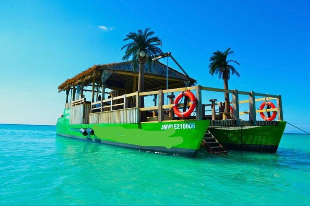ein grünes Boot im Wasser mit Palmen darauf