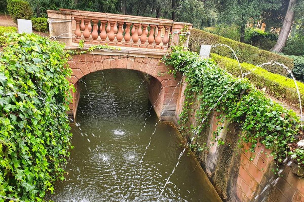 uma ponte sobre uma piscina de água em um jardim