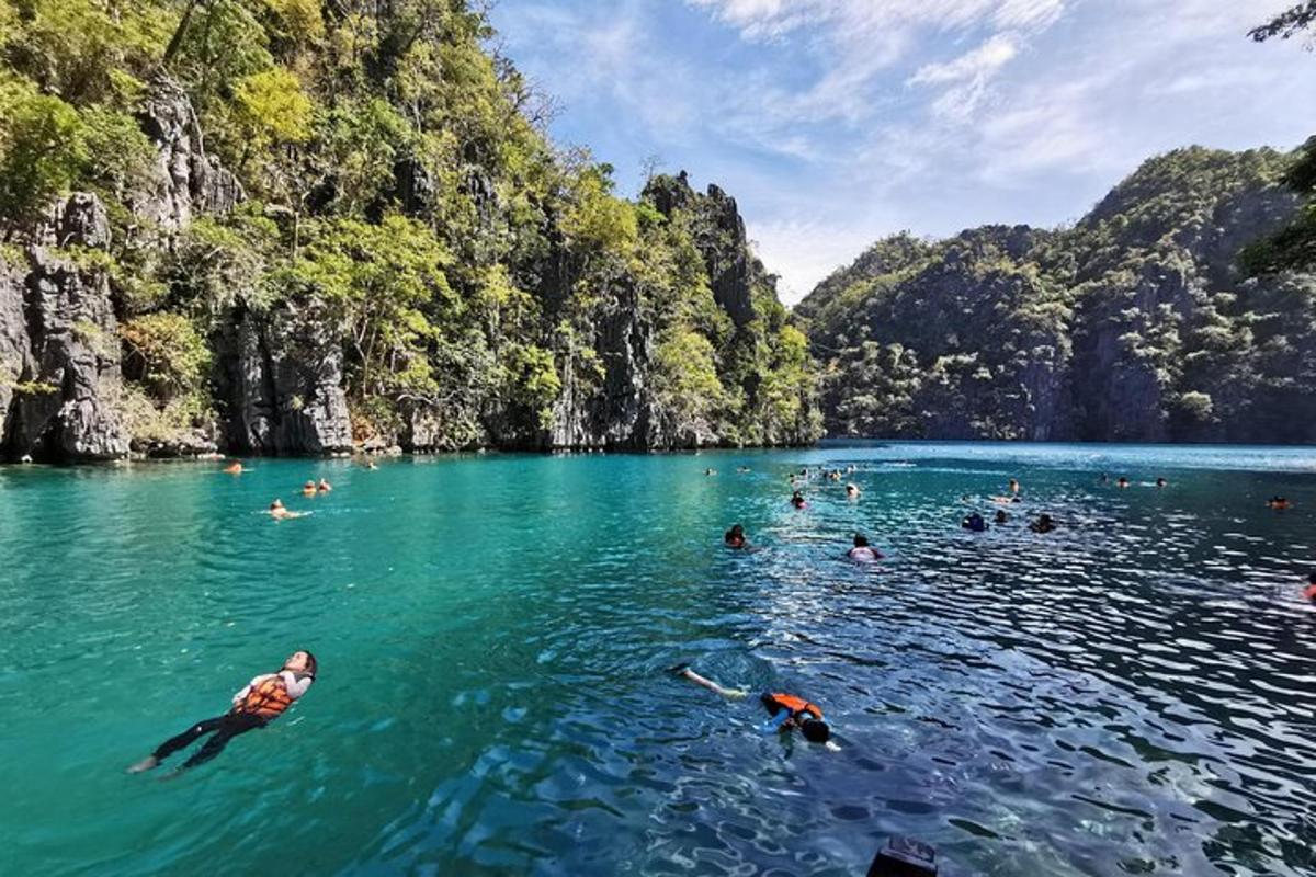 a group of people swimming in the blue water of a bay
