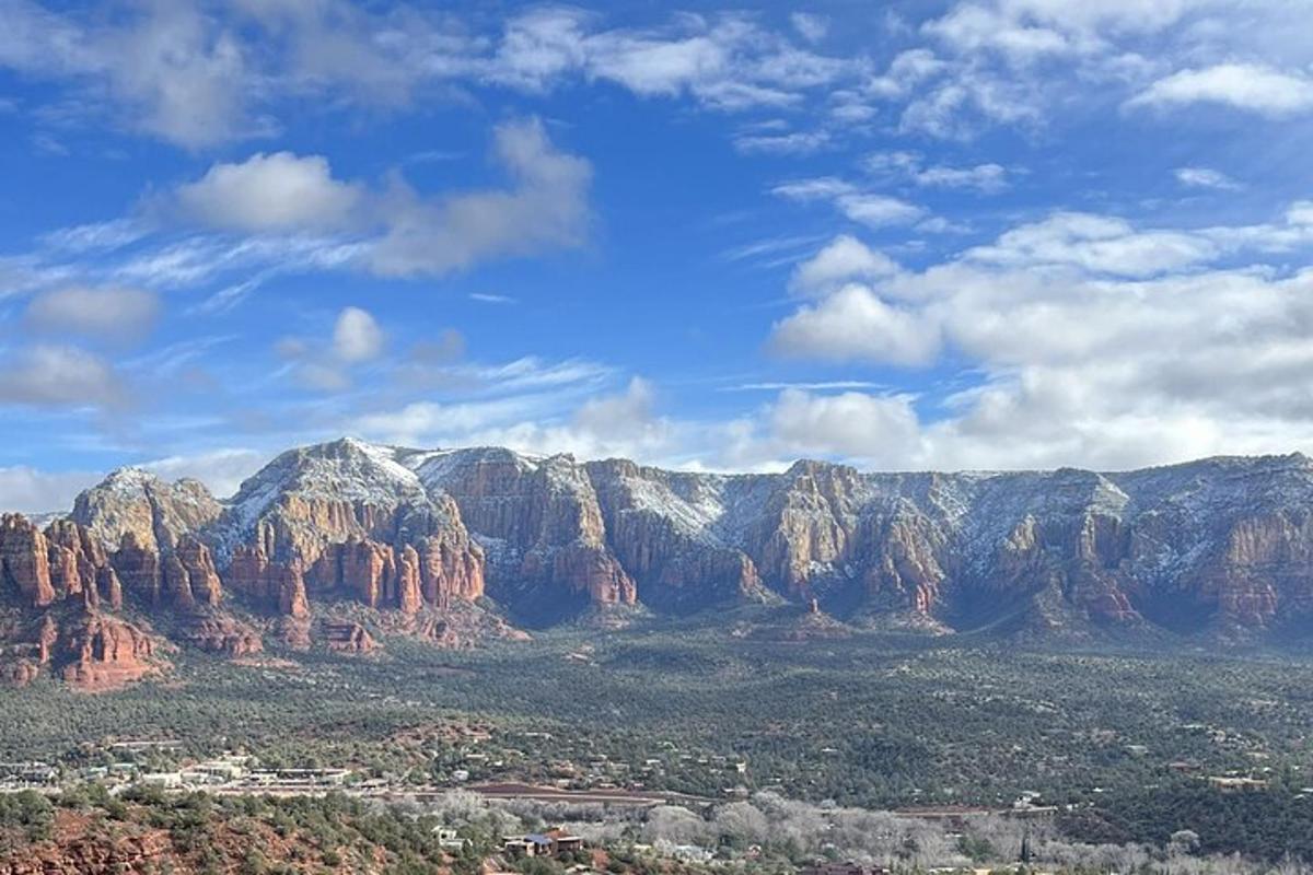 a view of a mountain range with trees and a city