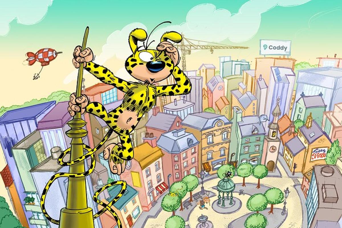 a cartoon of a bee in a city