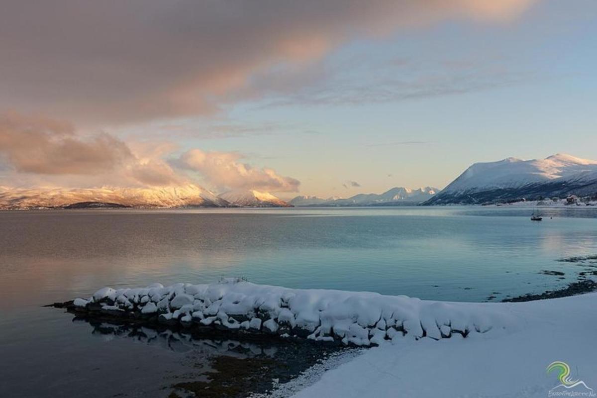 uma ilha coberta de neve no meio de um corpo d'água