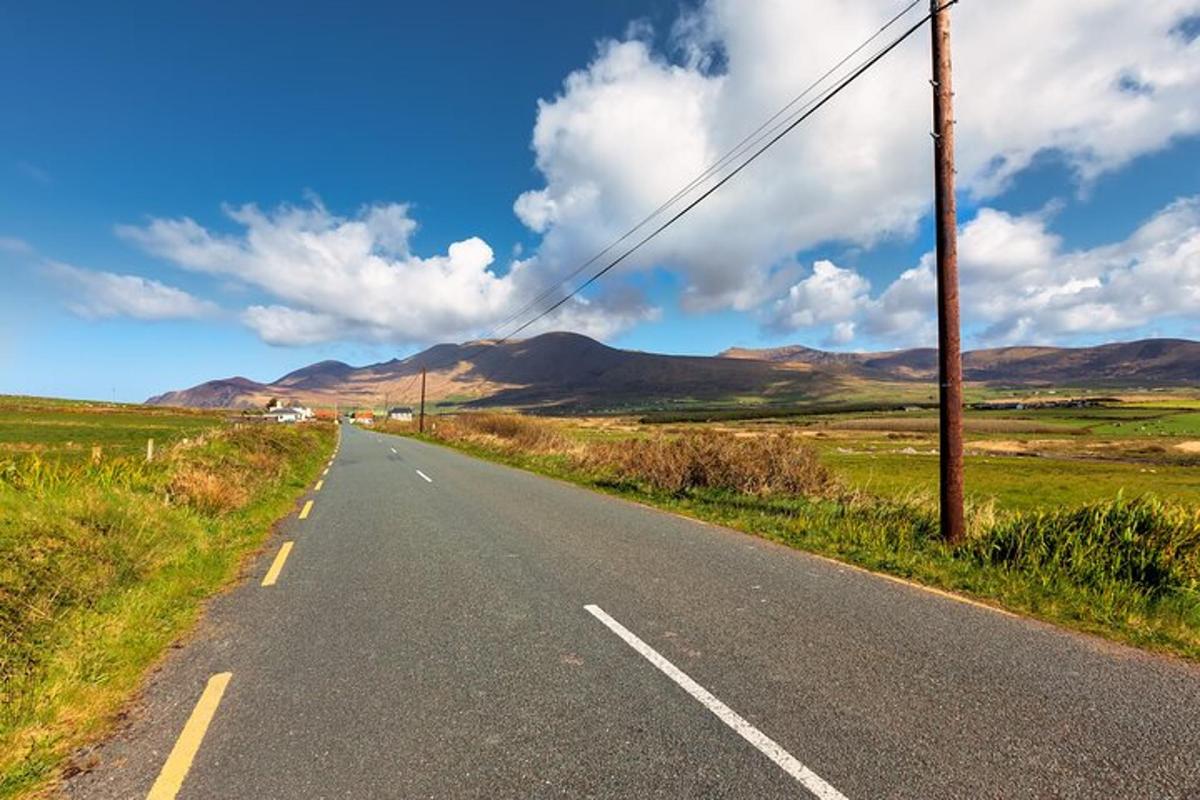 Tómur vegur í túni með fjöllum í fjarska