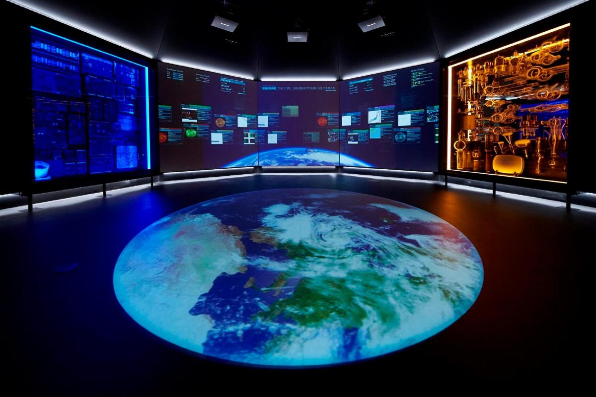 a room with a large globe in the middle of it