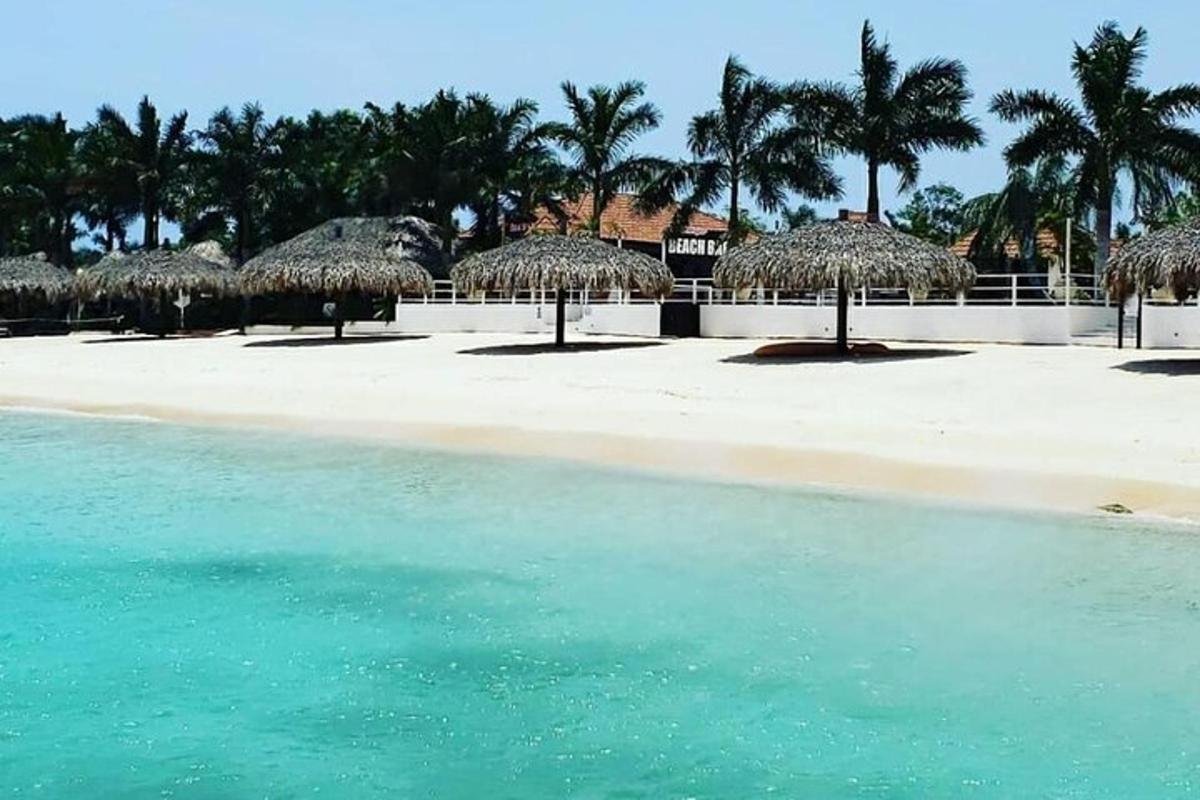pantai dengan beberapa payung jerami dan air