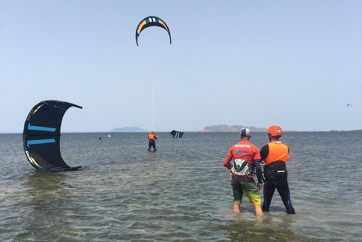 a group of people standing in the water with a kite