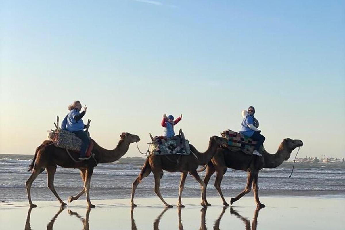 Tres personas montando camellos en la playa