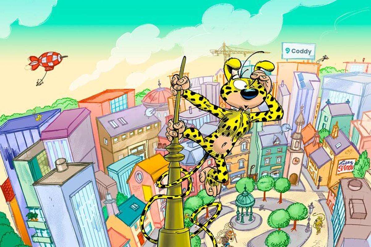 a cartoon of a bee in a city