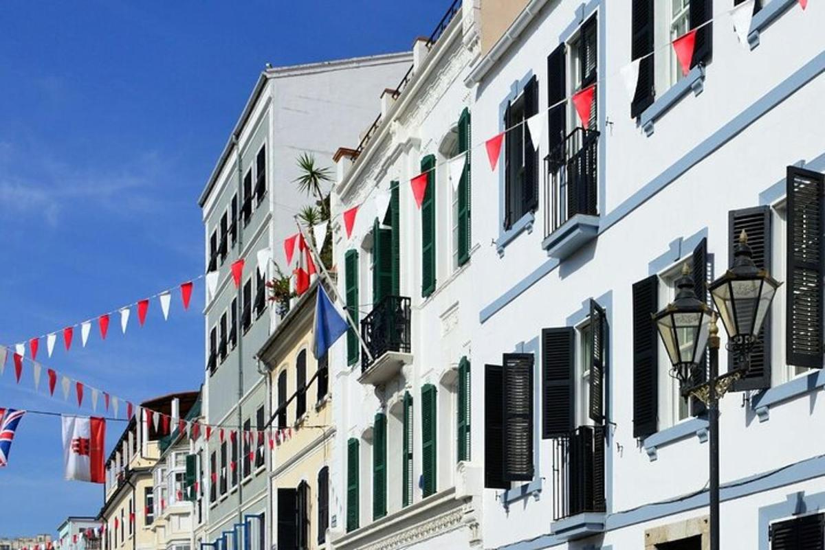 a row of buildings with flags and windows