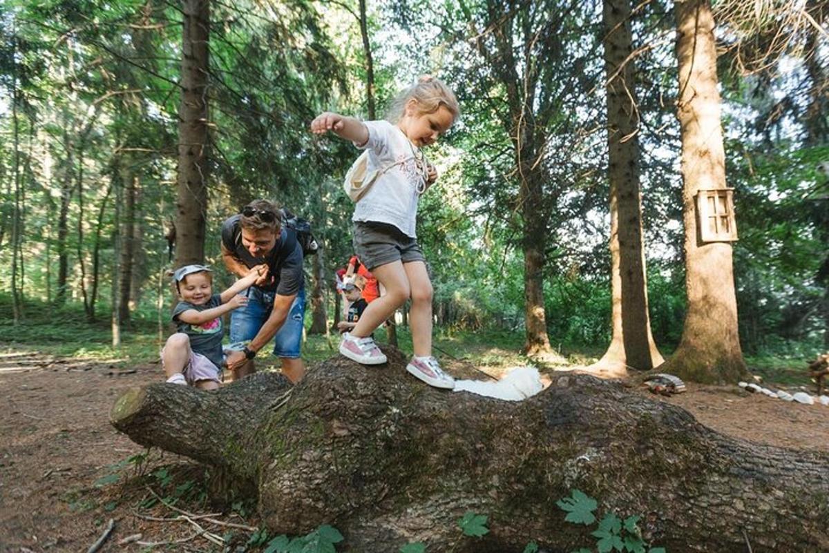 un gruppo di bambini in piedi in cima a un ceppo d'albero