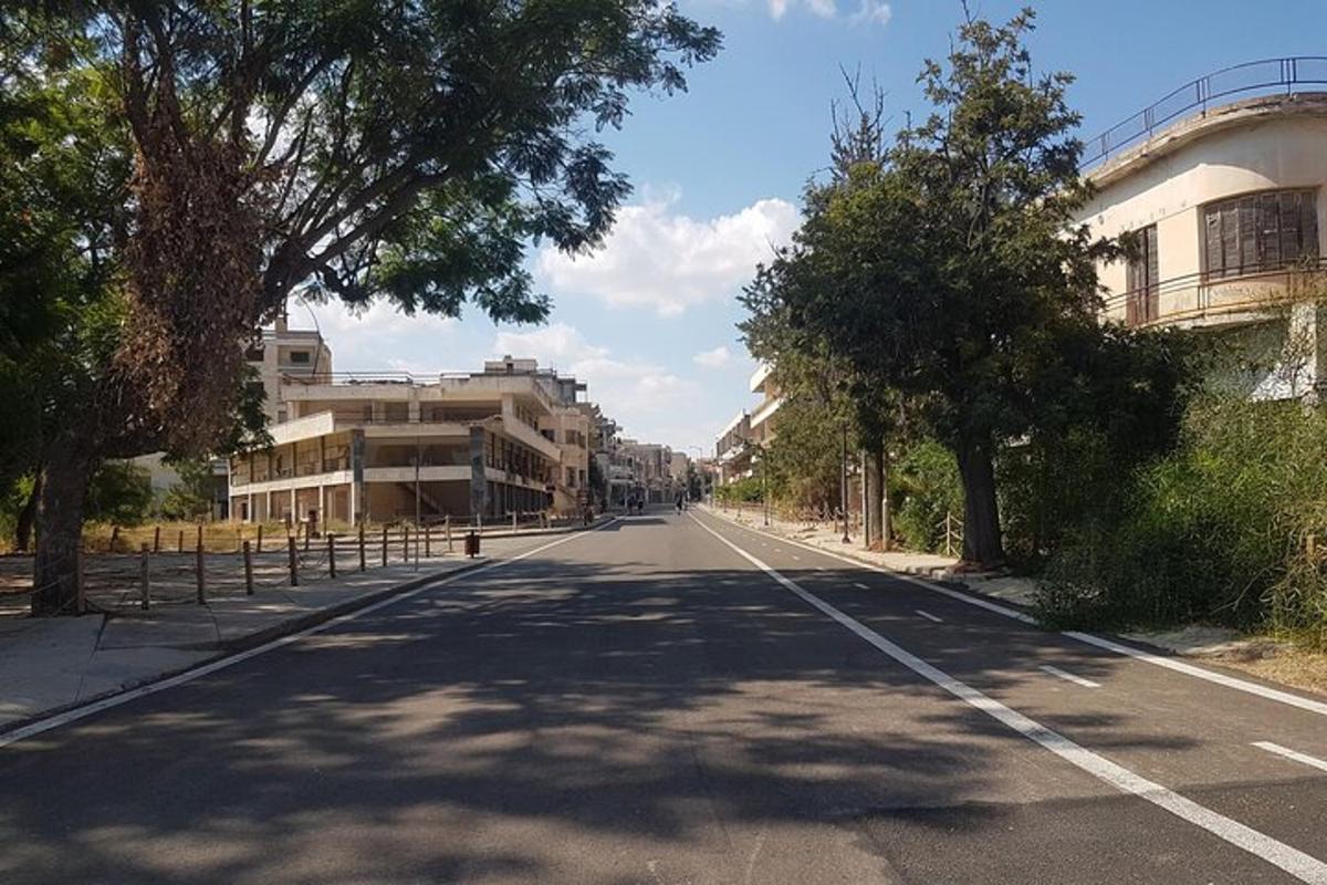 prazna ulica z drevesi in stavbami ob strani