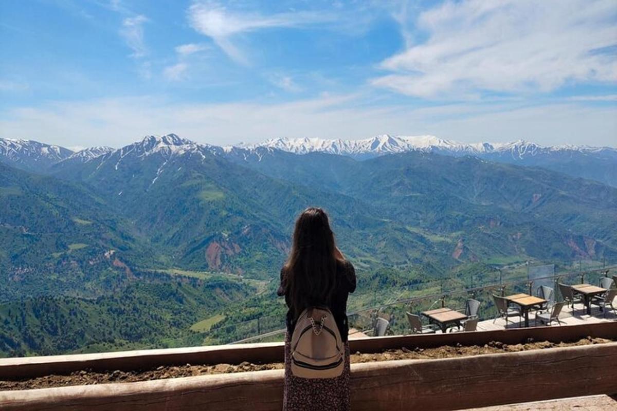 a woman standing on a ledge looking at the mountains