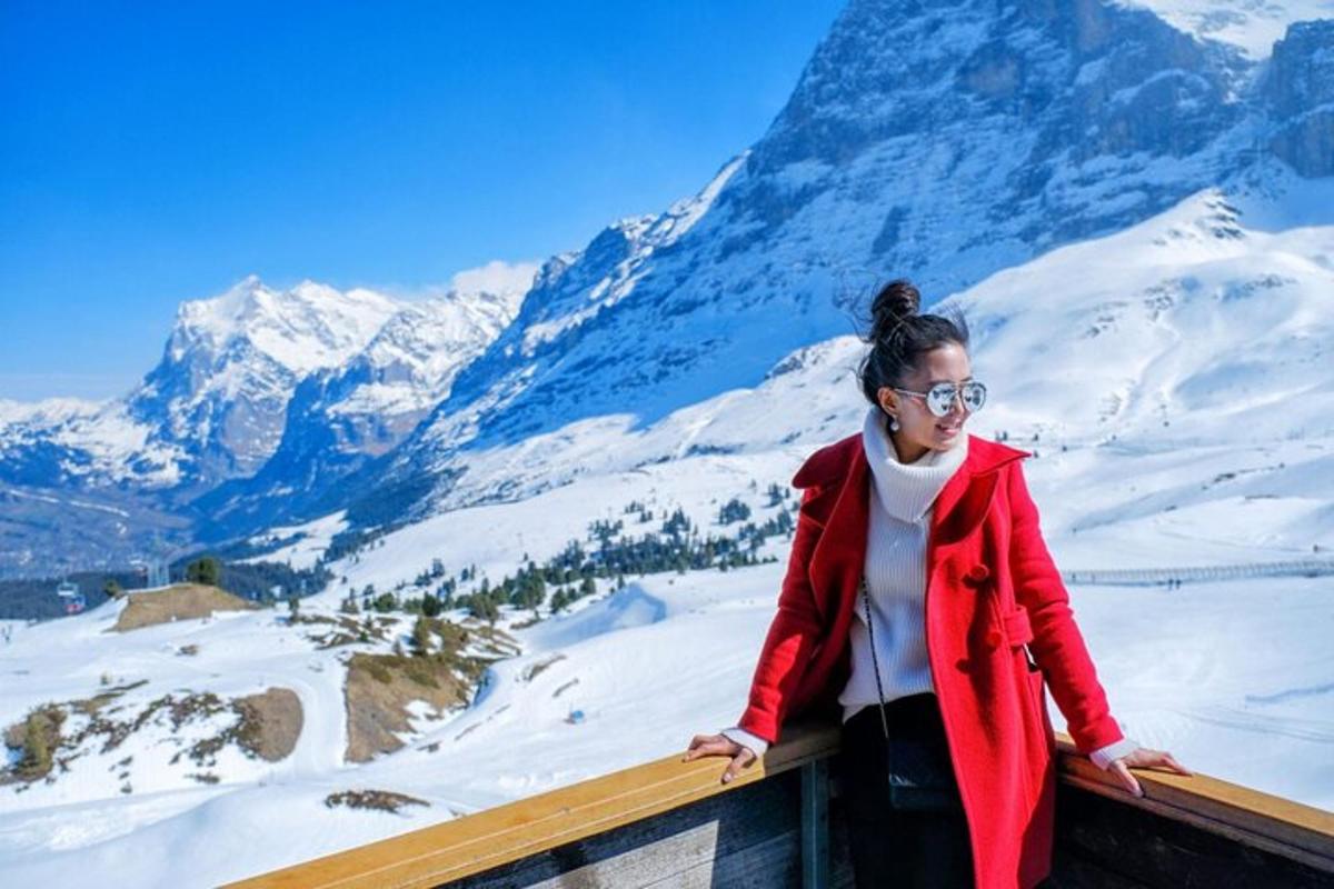 seorang wanita berdiri di atas tebing yang menghadap ke gunung bersalji
