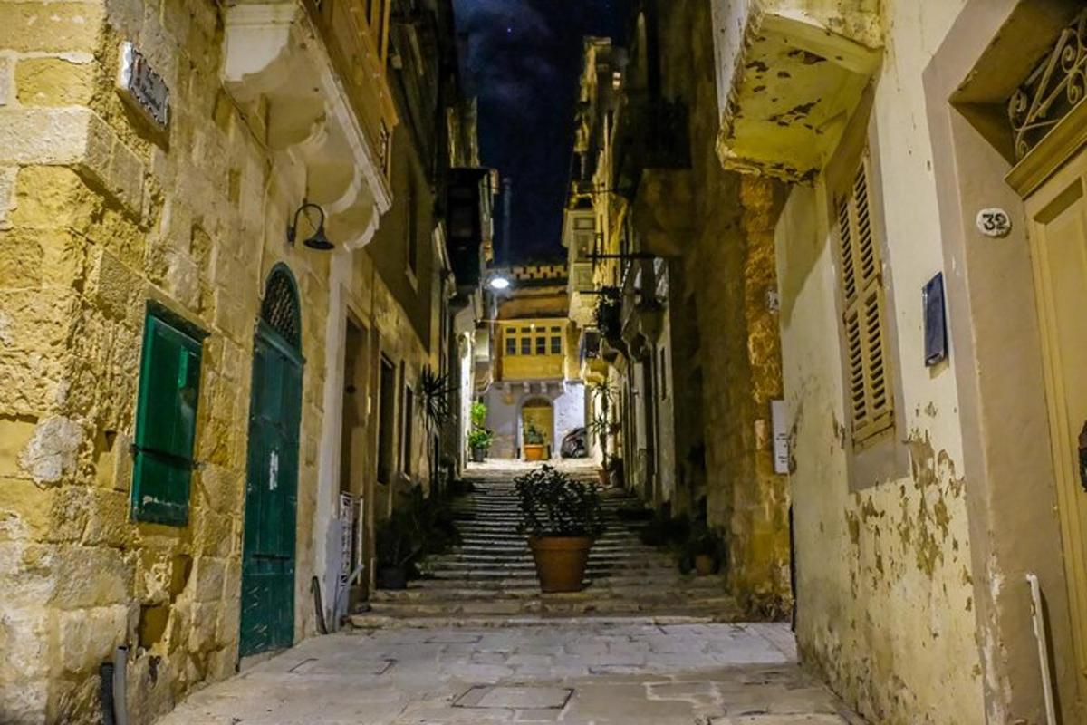 an alley with stairs and a potted plant in the middle