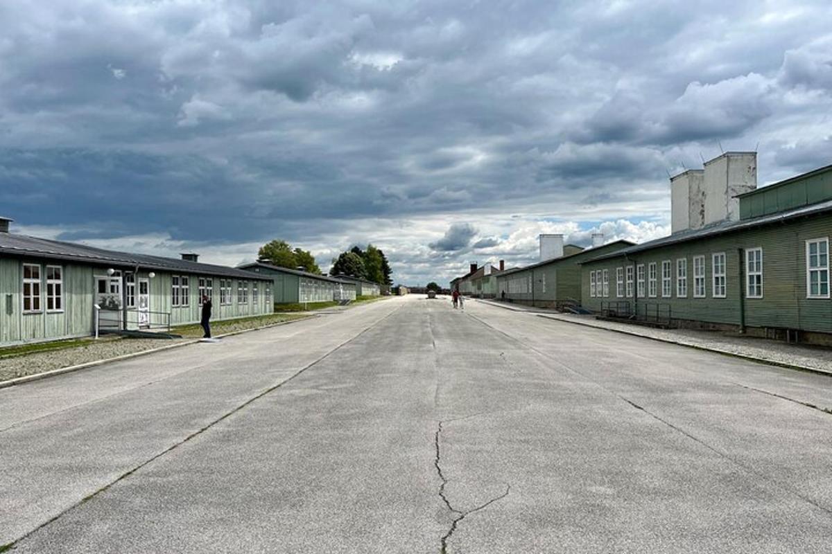 an empty street with buildings on either side of it