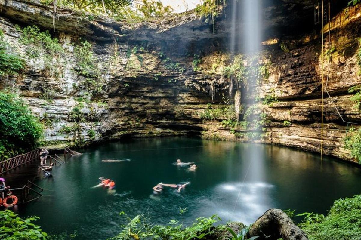 un gruppo di persone che nuotano in una piscina sotto una cascata