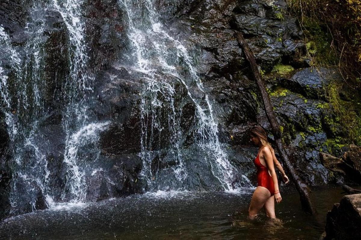 a woman standing in front of a waterfall