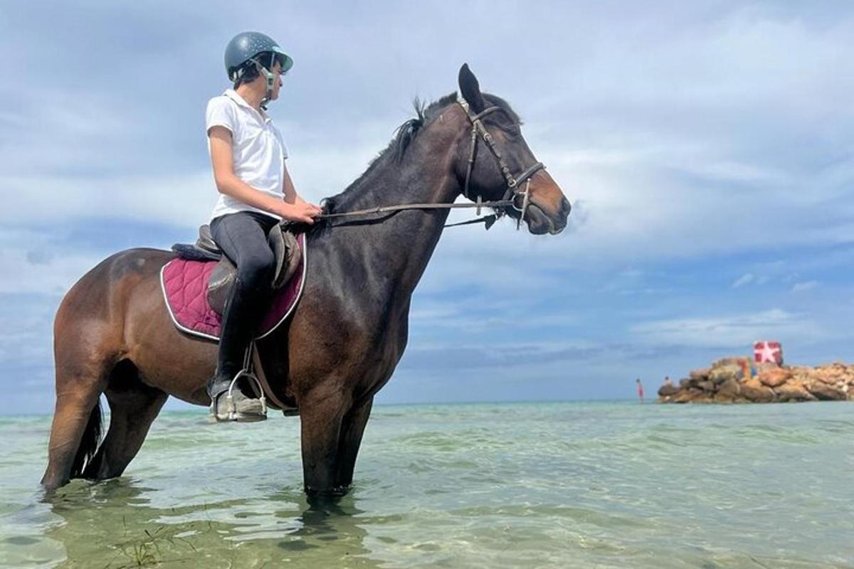 una donna sta cavalcando un cavallo nell'oceano