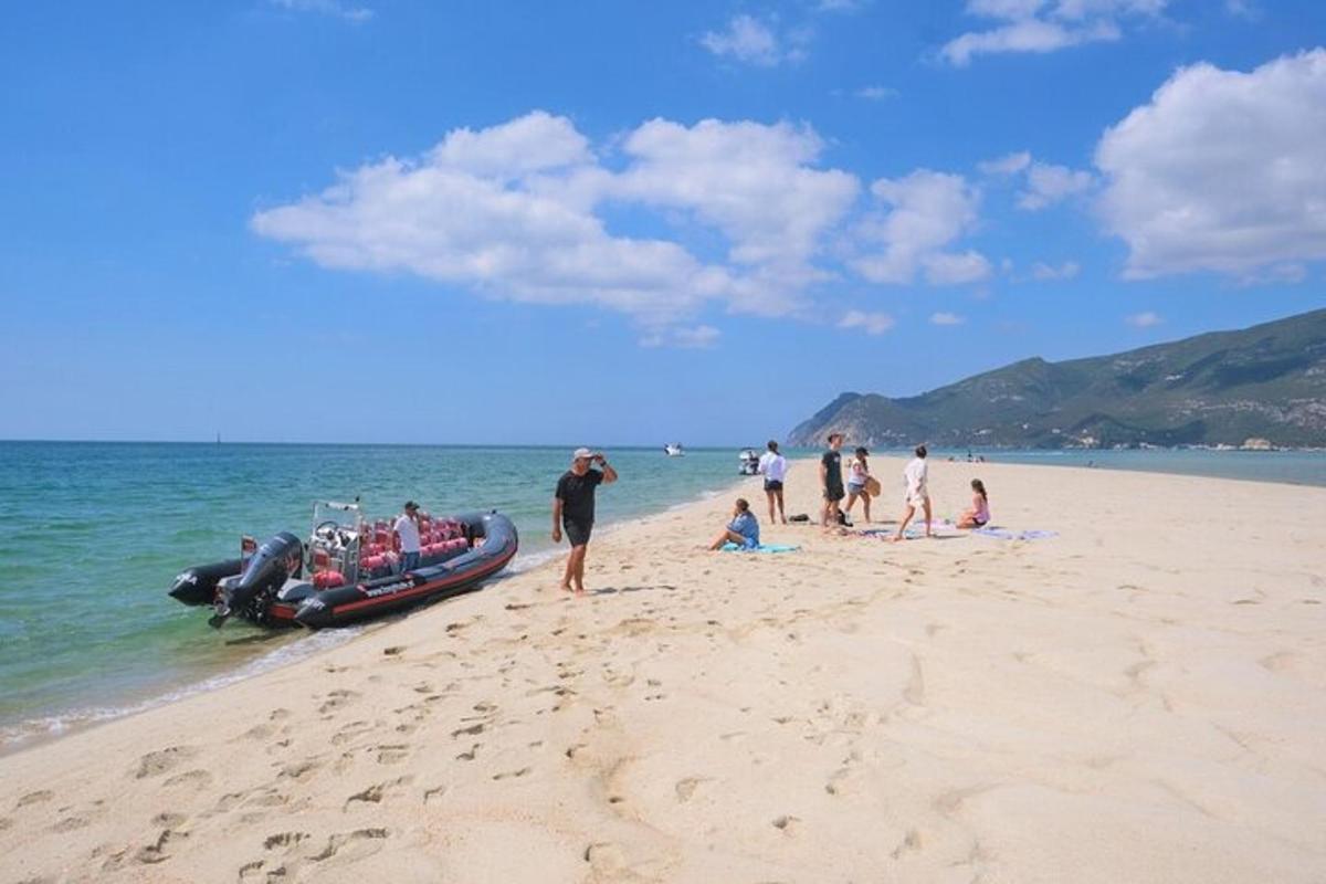 a group of people standing on a beach next to a boat