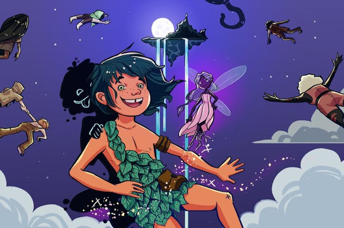 um desenho animado de uma menina de vestido verde com um grupo de insetos