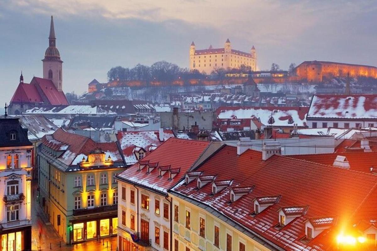 pohled na město se zasněženými střechami