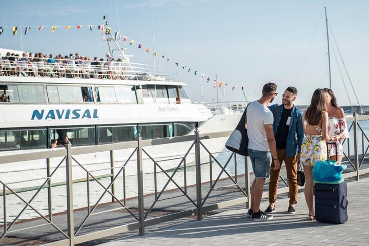 en gruppe mennesker som står på en brygge med et cruiseskip