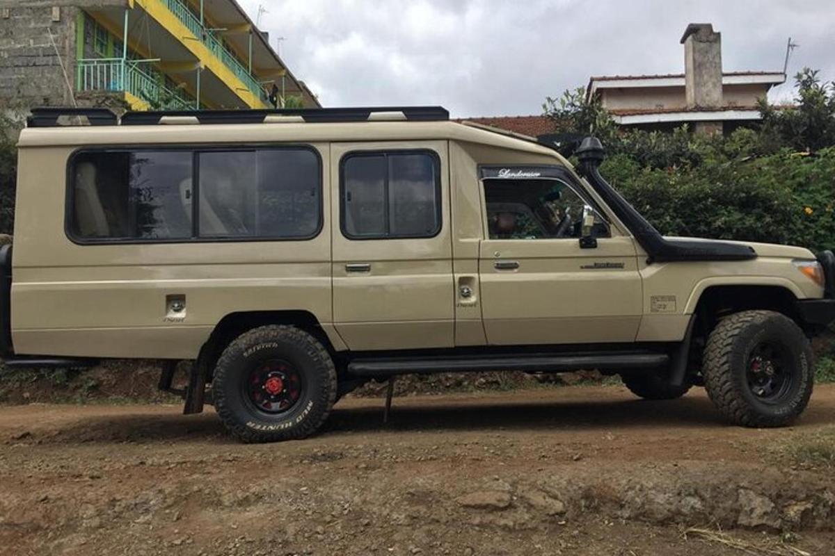 una jeep marrone parcheggiata su una strada sterrata