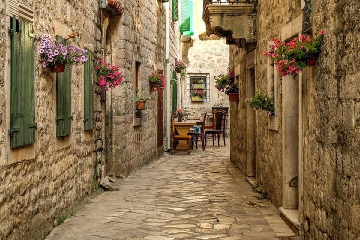 un vicolo con fiori in un vecchio edificio