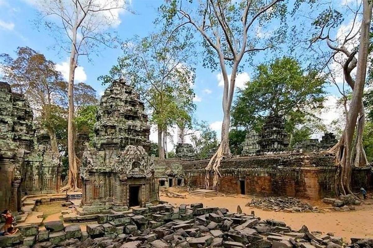 a group of temples with trees in the background