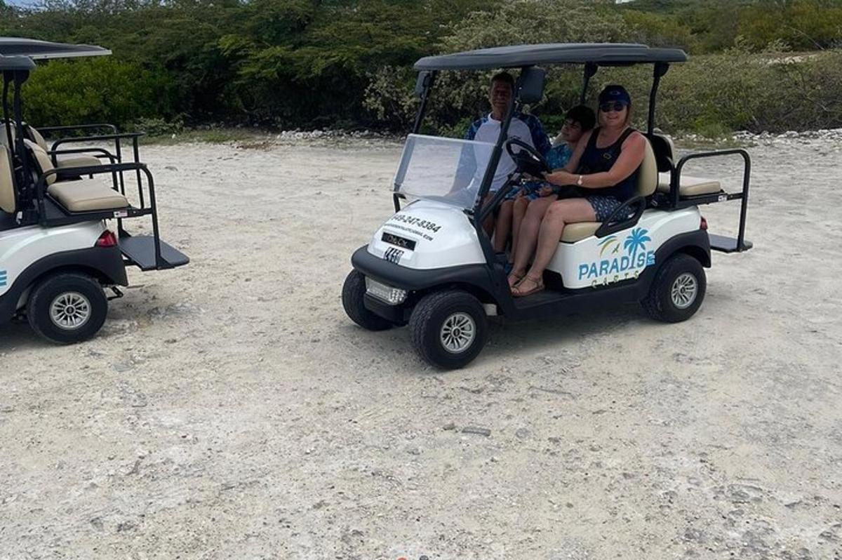 a group of people riding a golf cart on the beach