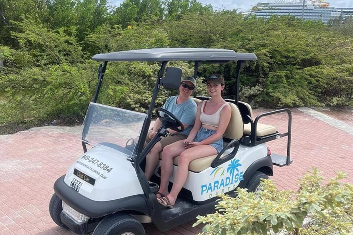 two people are sitting in a golf cart