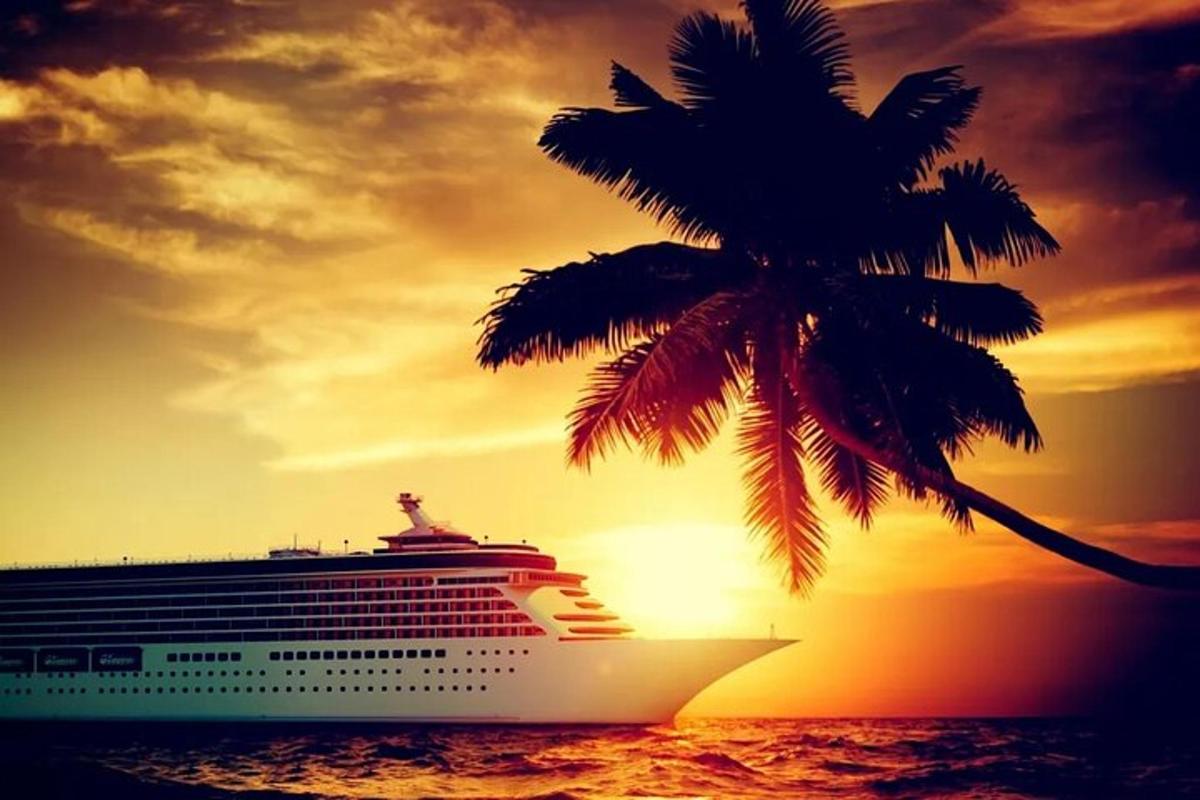 a cruise ship in the ocean with a palm tree