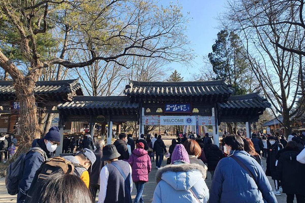 a crowd of people walking around a temple