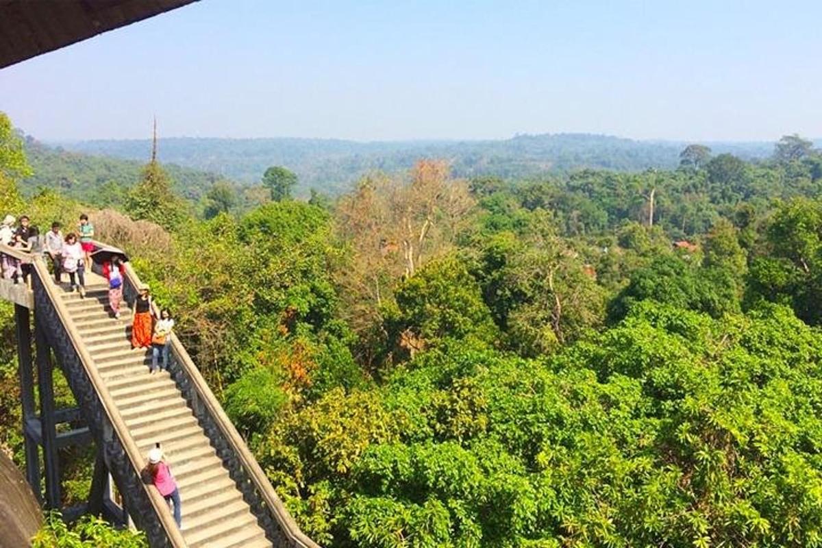 um grupo de pessoas em pé em uma ponte sobre uma floresta