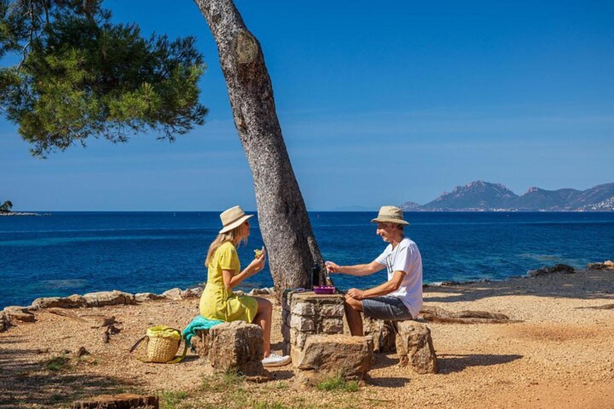 a man and woman sitting on logs on the beach