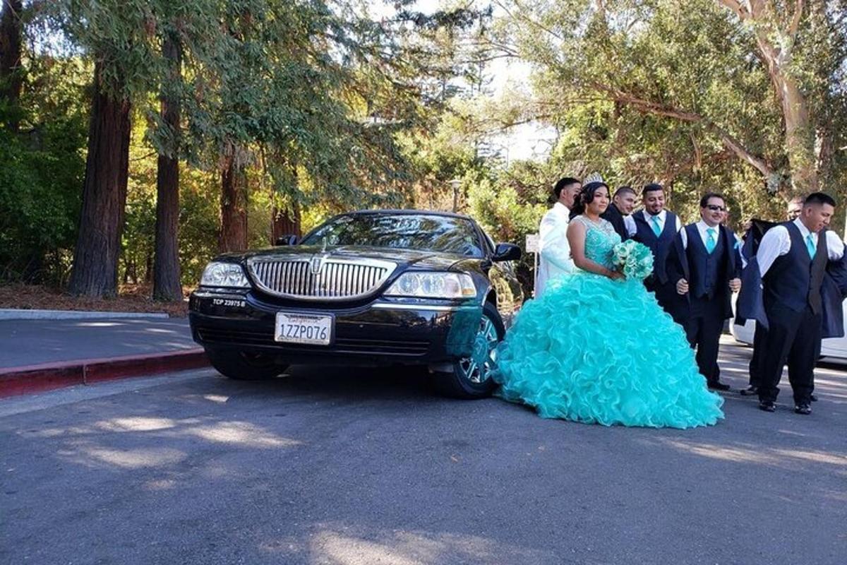 pasangan pengantin berdiri di sebelah limo