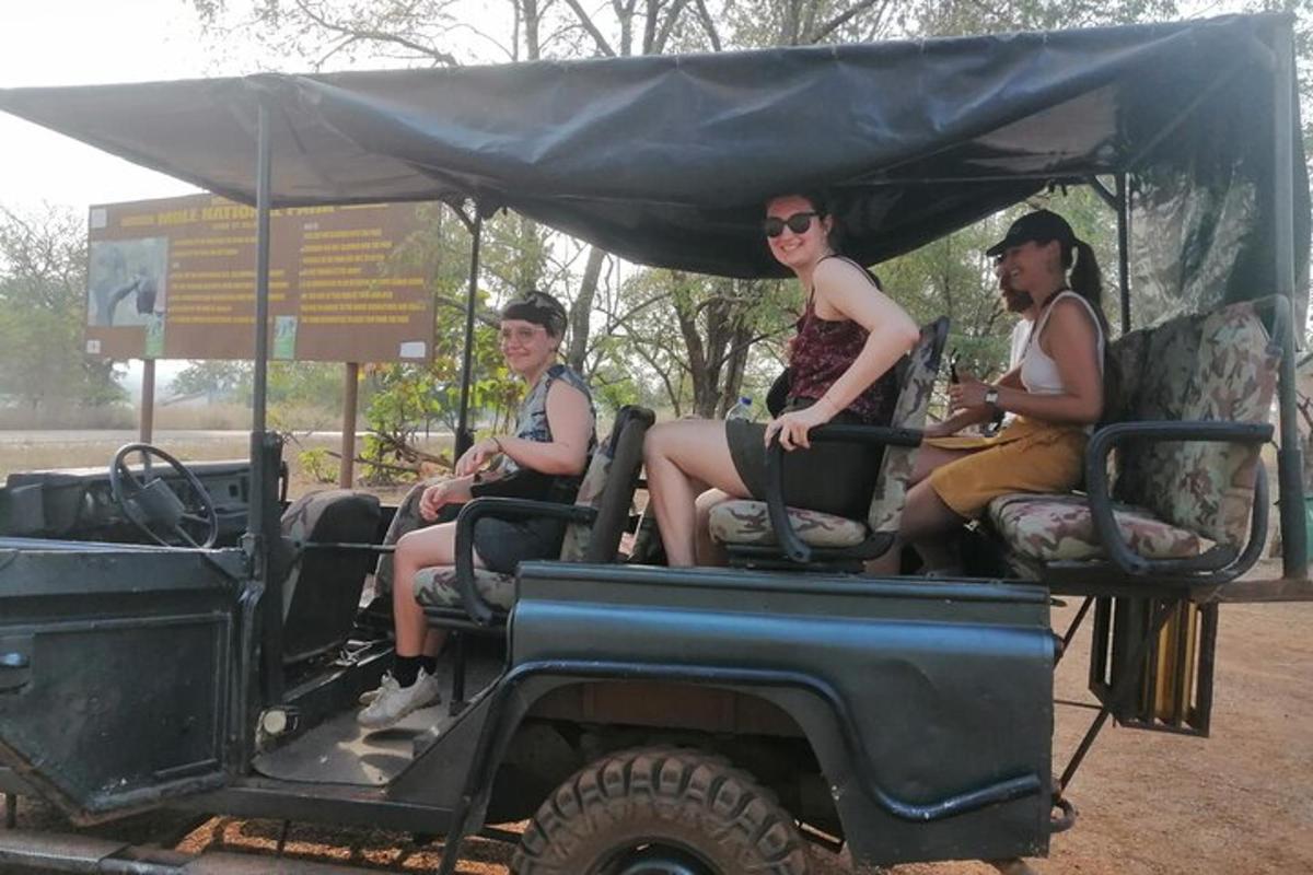 a group of women riding on the back of a jeep