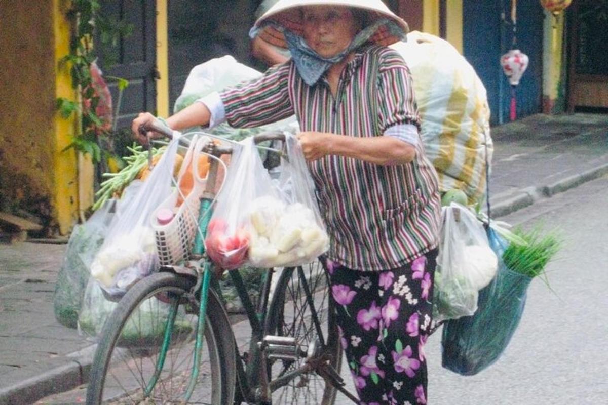 seorang wanita berjalan basikal dengan beg barangan runcit